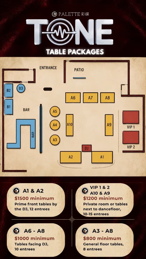 TONE table packages floor plan with pricing tiers at Palette Dim Sum